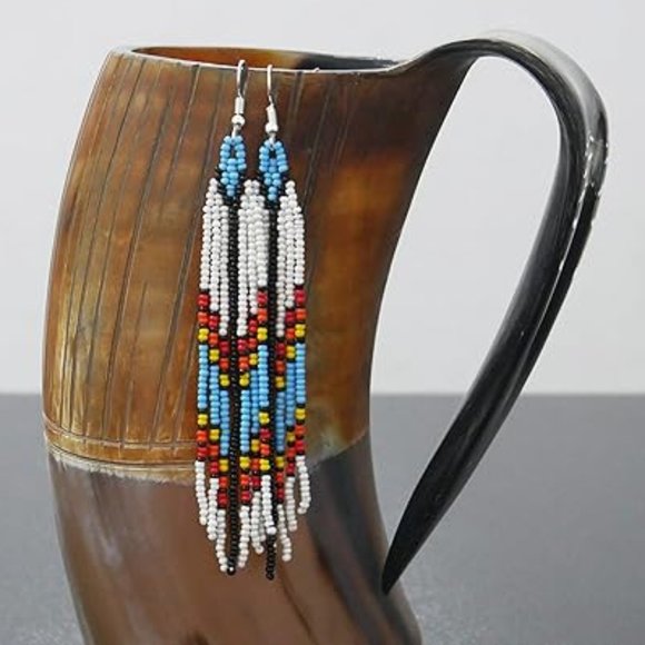 Long 4.5" Green Turquoise Blue Beaded Fringe Earrings Native American Tassel New - Picture 6 of 7